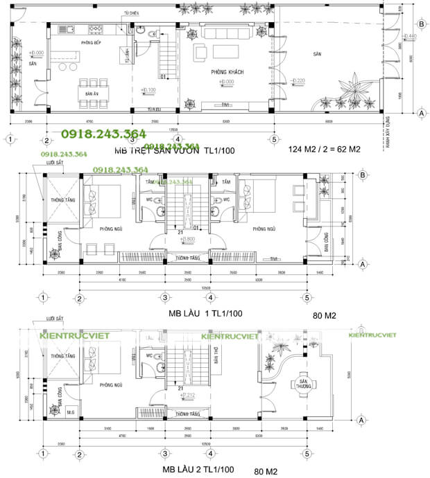 Mặt bằng thiết kế nhà phố 5mx16m 3 tầng mái ngói