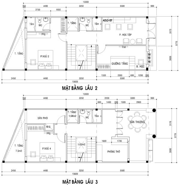 mặt bằng lầu 2 lầu 3