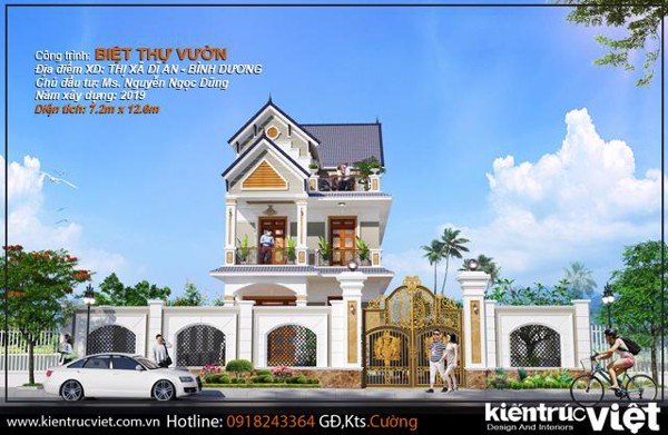 Bbiệt thự 3 tầng mái thái ngang nhà 7.2m dài 12.6m chuẩn phong thuỷ cho nhà ở