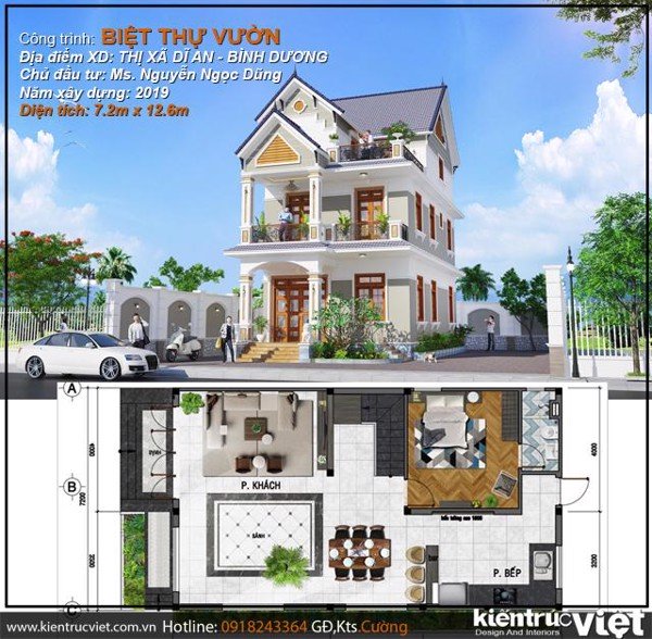 biệt thự 3 tầng mái thái ngang nhà 7.2m dài 12.6m chuẩn phong thuỷ cho nhà ở