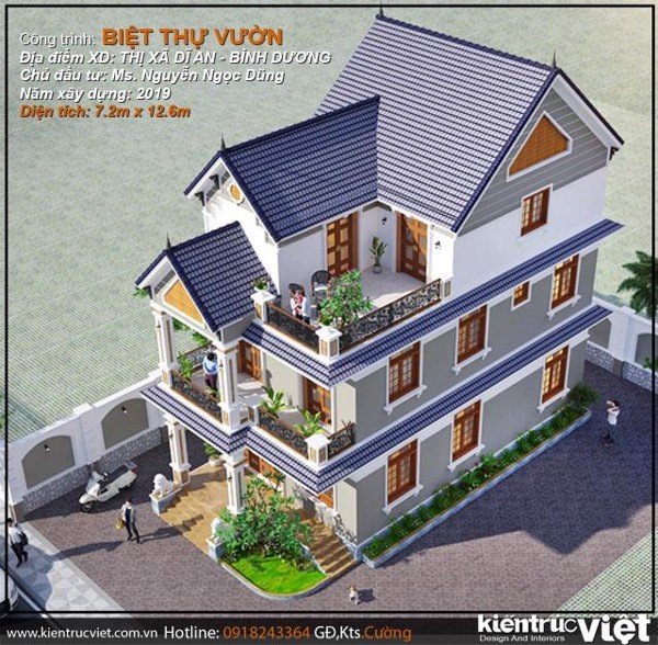 Biệt thự 3 tầng mái thái ngang nhà 7.2m dài 12.6m chuẩn phong thuỷ cho nhà ở