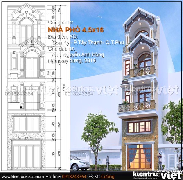 mẫu nhà ống 4 tầng ngang 4,5m