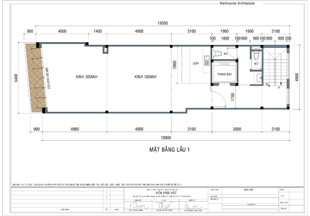 Mặt bằng lầu 1 nhà 5 tầng 5mx19m