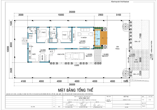 Mặt bằng bố trí thiết kế nhà 1 tầng chữ L ngang 7mx18m