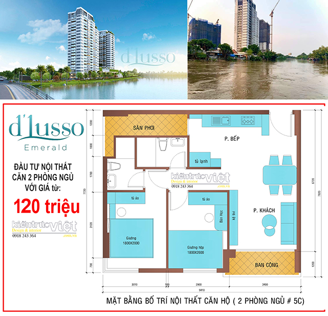 bản vẽ căn hộ 2 Phòng ngủ D’lusso quận 2 120 triệu 