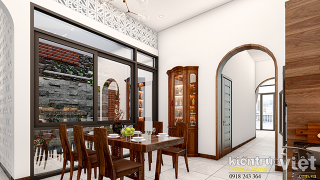 Nội thất phòng bếp và phòng ăn liên thông với tông màu nâu gỗ chủ đạo