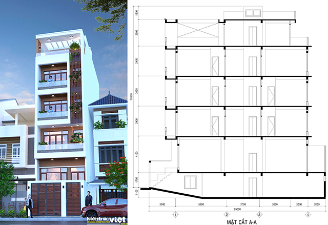 Mặt cắt nhà ống 5 tầng 5x20 có thang máy và tầng hầm