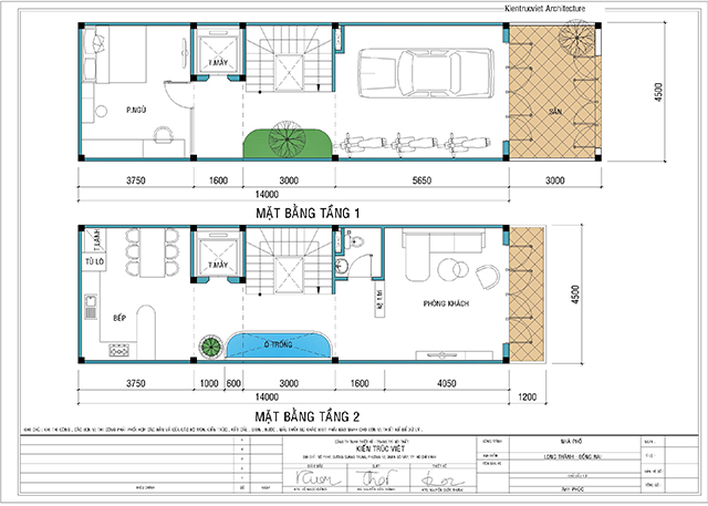 Bản vẽ chi tiết nhà ống 4 tầng 4.5m×14m có thang máy