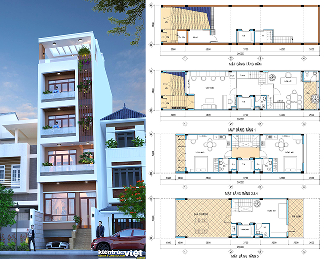 Mặt bằng - mặt cắt nhà 5 tầng 5x20