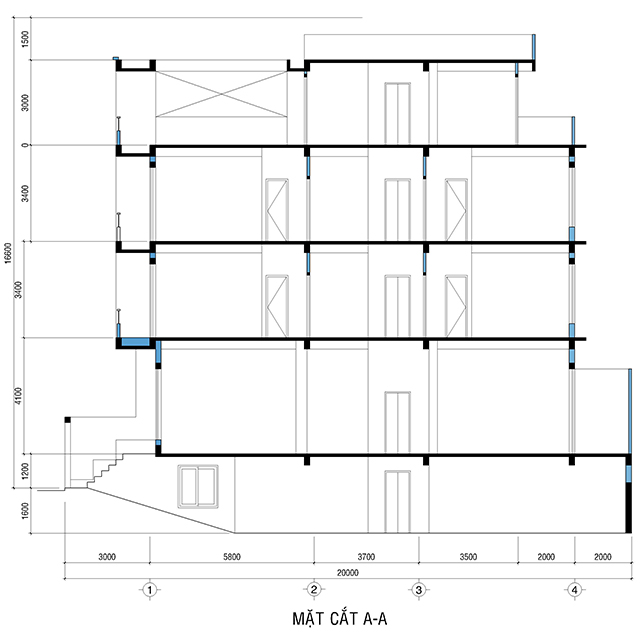Mặt cắt Nhà ống 5x20 hầm, 2 lầu và sân thượng