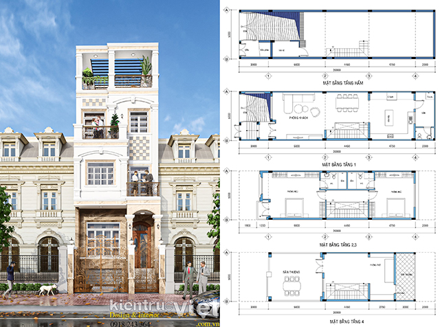 Mặt cắt Nhà ống 5x20 hầm, 2 lầu và sân thượng