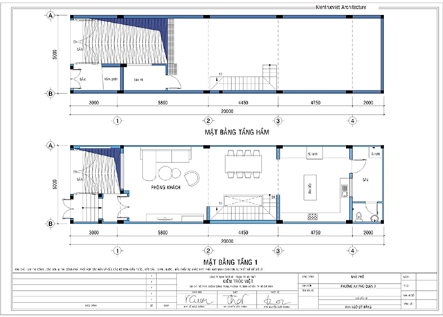 Mặt bằng tầng hầm và trệt nhà phố 5x20 