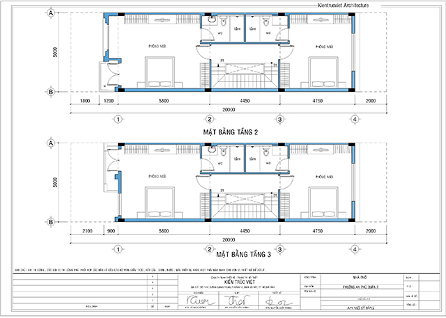 Mặt bằng bố trí không gian nhà 5x20 tầng lầu 2 và lầu 3