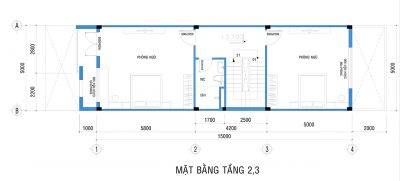 Mặt bằng tầng 2 và tầng 3 nhà liền kề 5x20