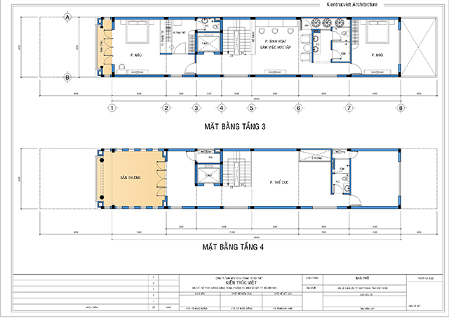 Kiến trúc nhà phố 4 tầng có thang máy chi tiết mặt bằng tầng 3 - tầng 4 