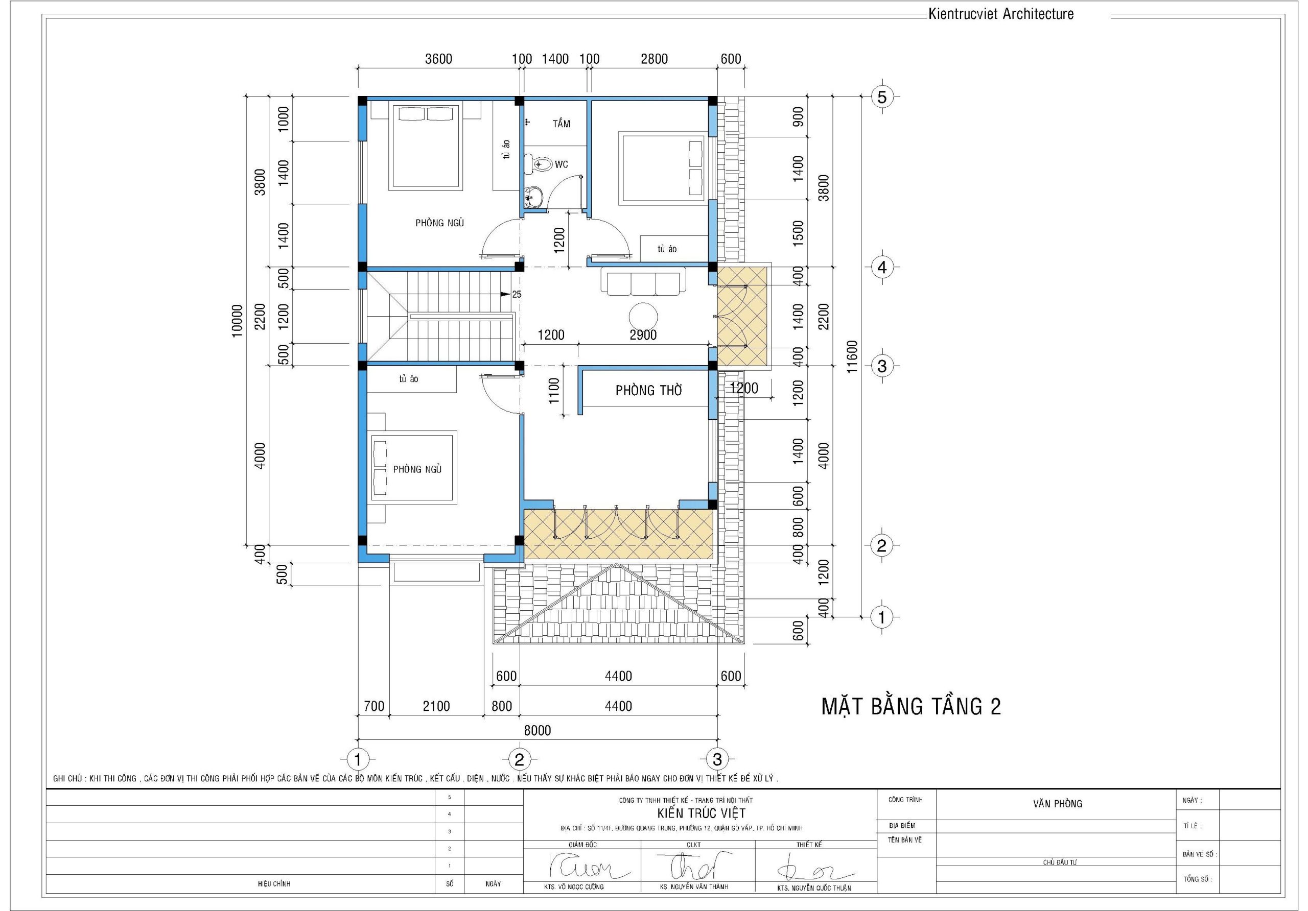 Mặt bằng tầng 2 bố trí công năng cho không gian biệt thự 2 tầng 8x12