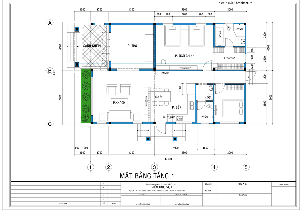 Mặt bằng tầng 1 ngôi biệt thự ngang 9,5mx15m