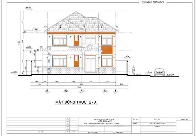 Mặt trục đứng biệt thự mái nhật 2 tầng