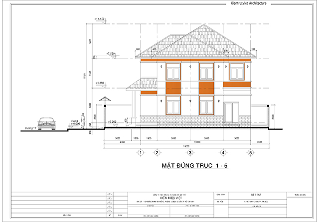 Mặt trục đứng biệt thự mái nhật 2 tầng